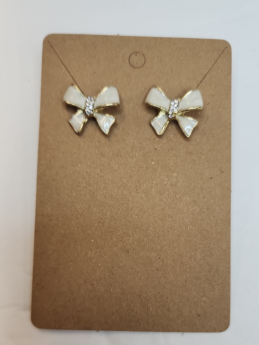 White Enamel Bow Stud Earrings Gold Tone Crystal Accent